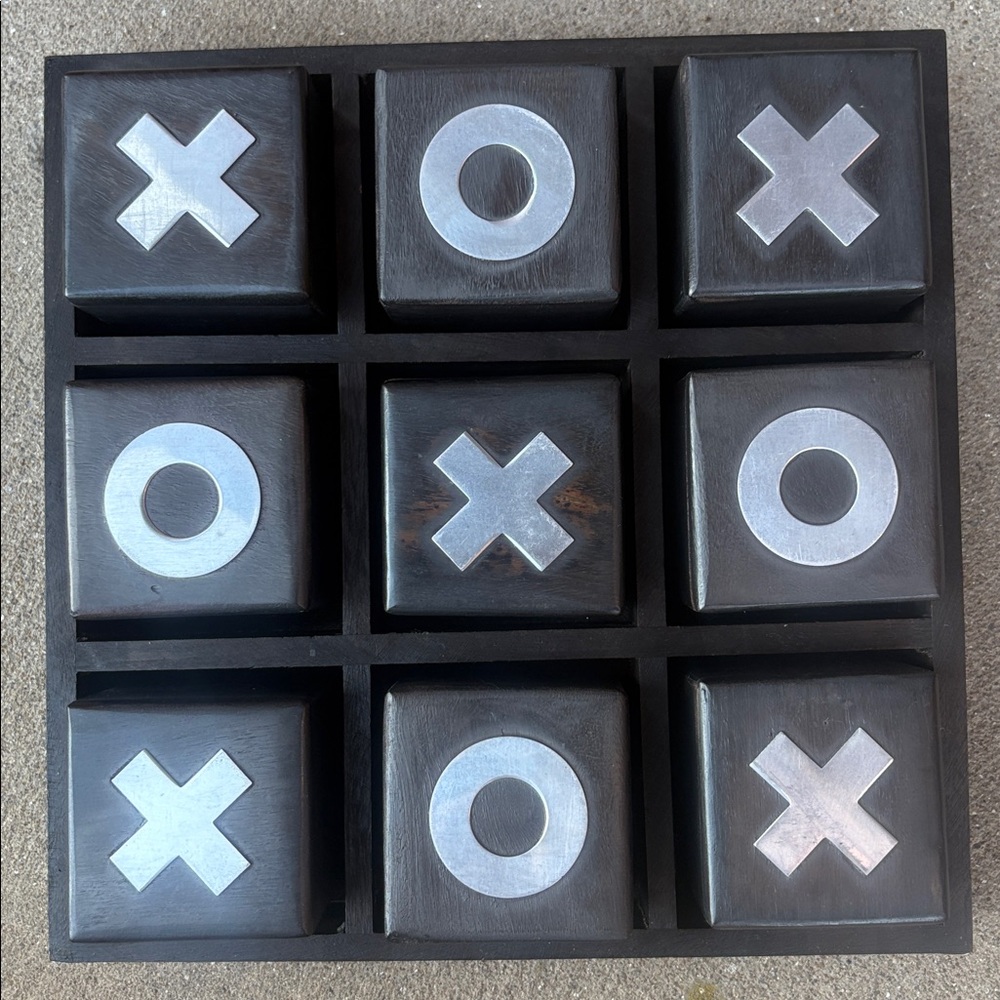 Vintage Style Wooden Wood Block Tic Tac Toe Set Black Silver Table Top